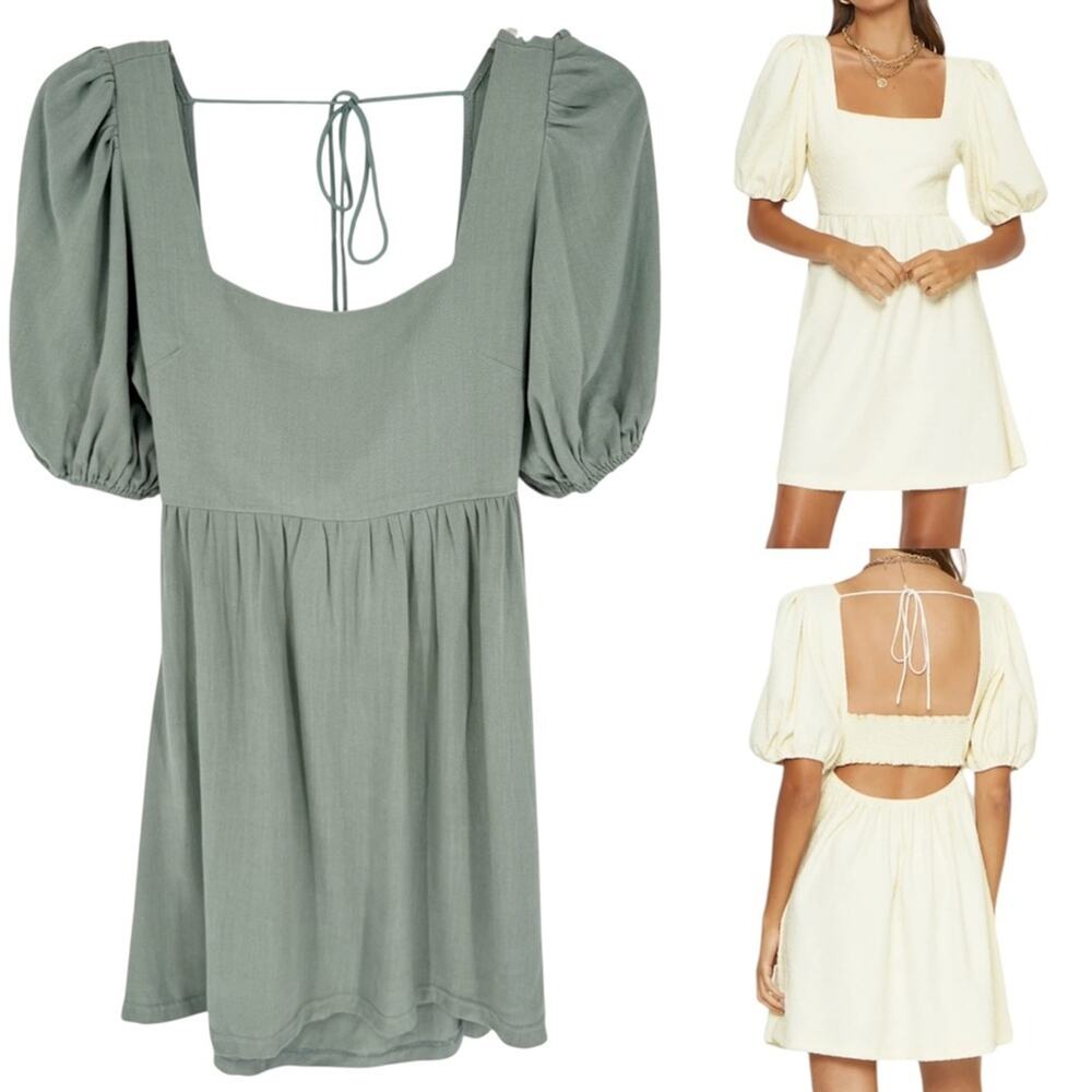 4SI3NNA Halley Open Back Puff Sleeve Babydoll Mini Dress Sage Green‎ Size M Glam